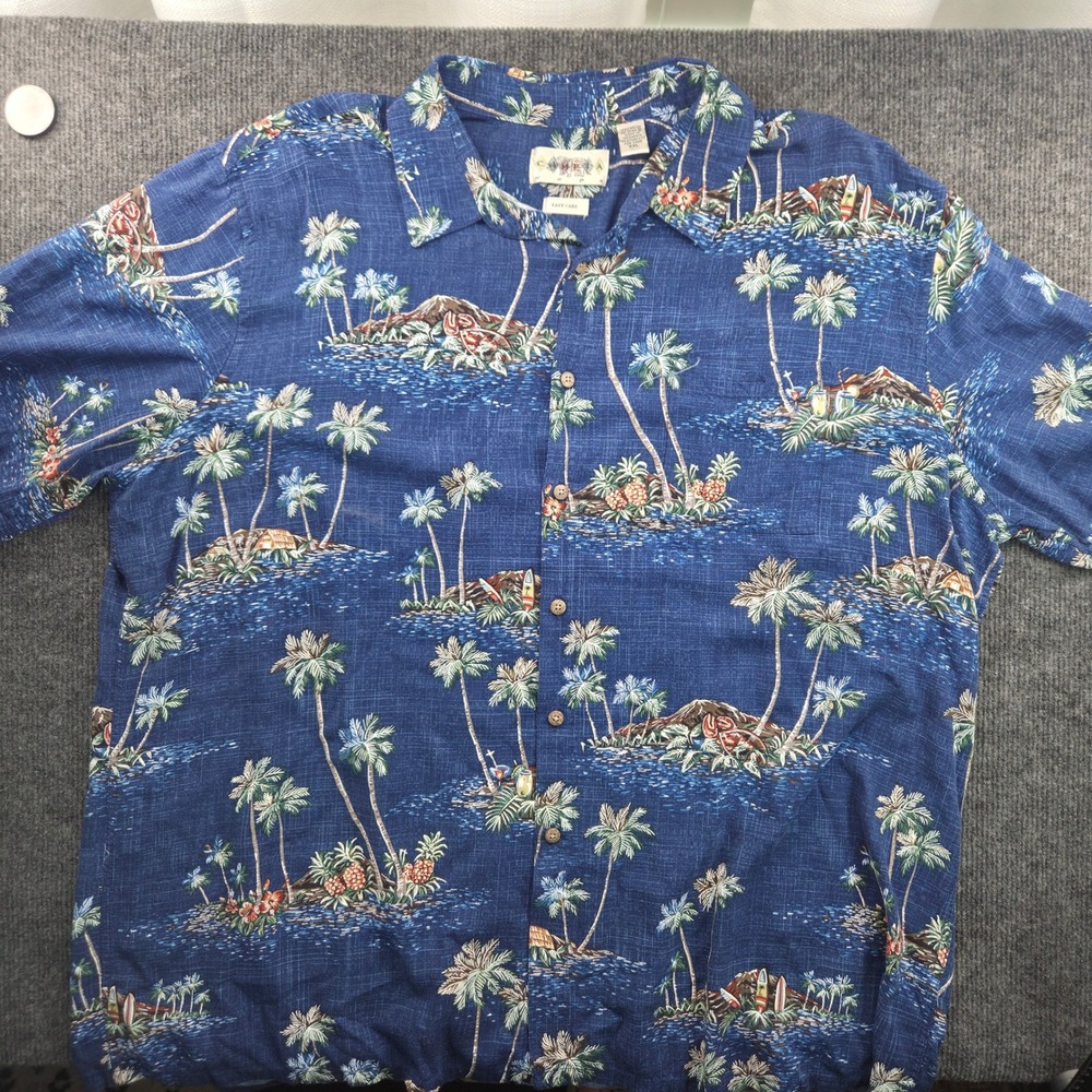 Campia Moda Hawaiian Shirt Mens XXL Blue Tropical Palm Tree Rayon Button Down